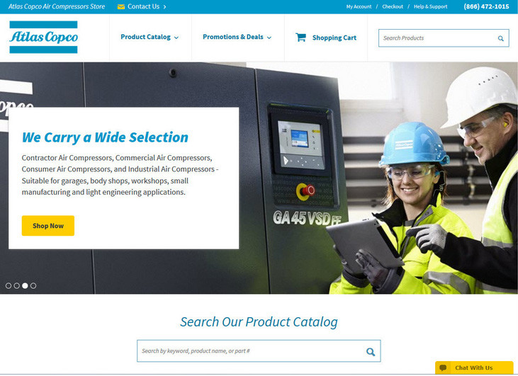 Atlas Copco Homepage Web Design featuring the marketing panel